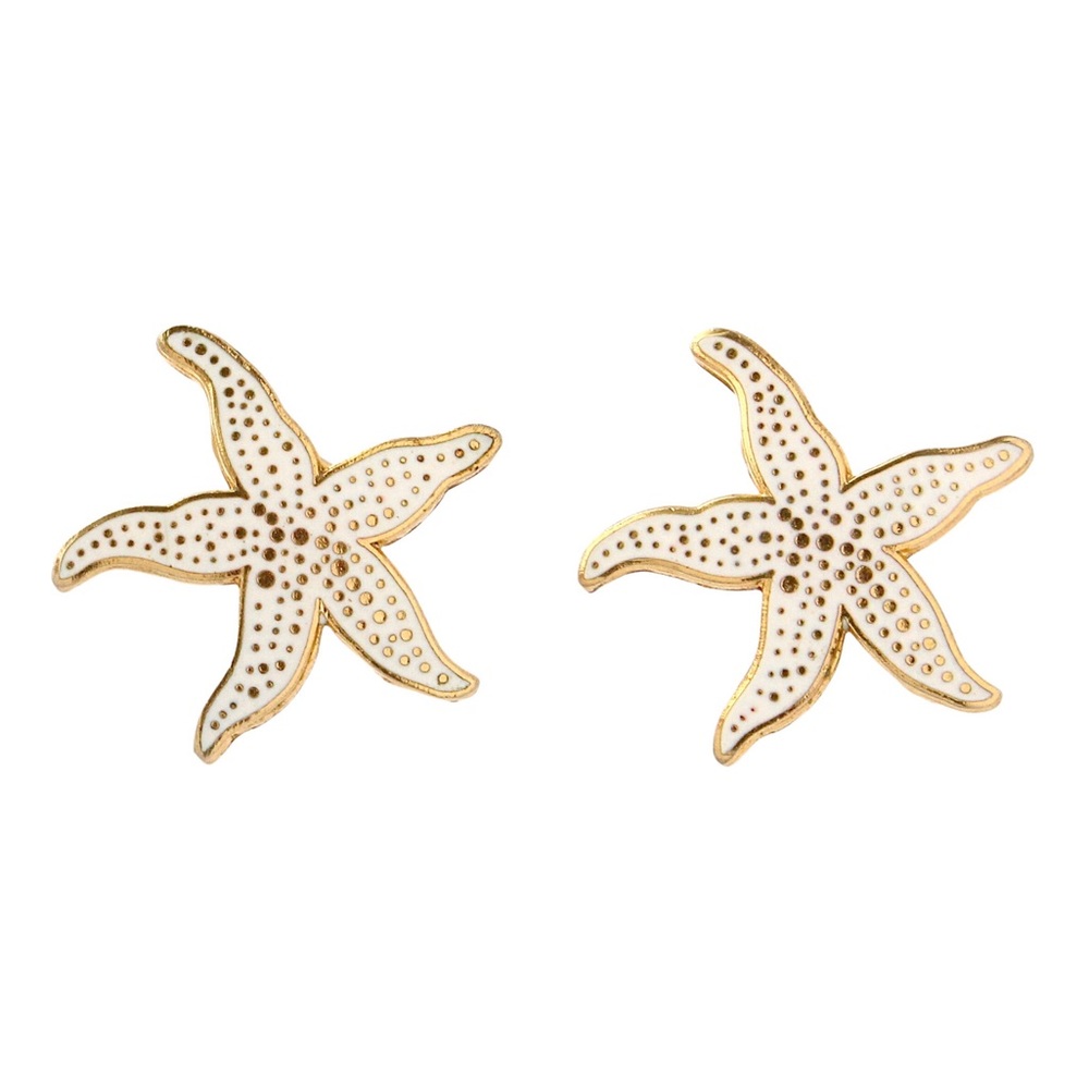 Vintage Starfish Screw Back Earrings White Enamel Gold Tone Clip On Star Fish